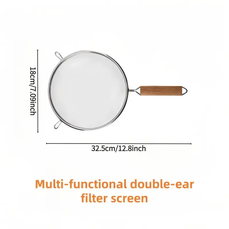 Stainless Steel & Wood Dual Handle Strainer Spoon. 30x17cm, for Pasta, Dumplings, Skimming, Durable