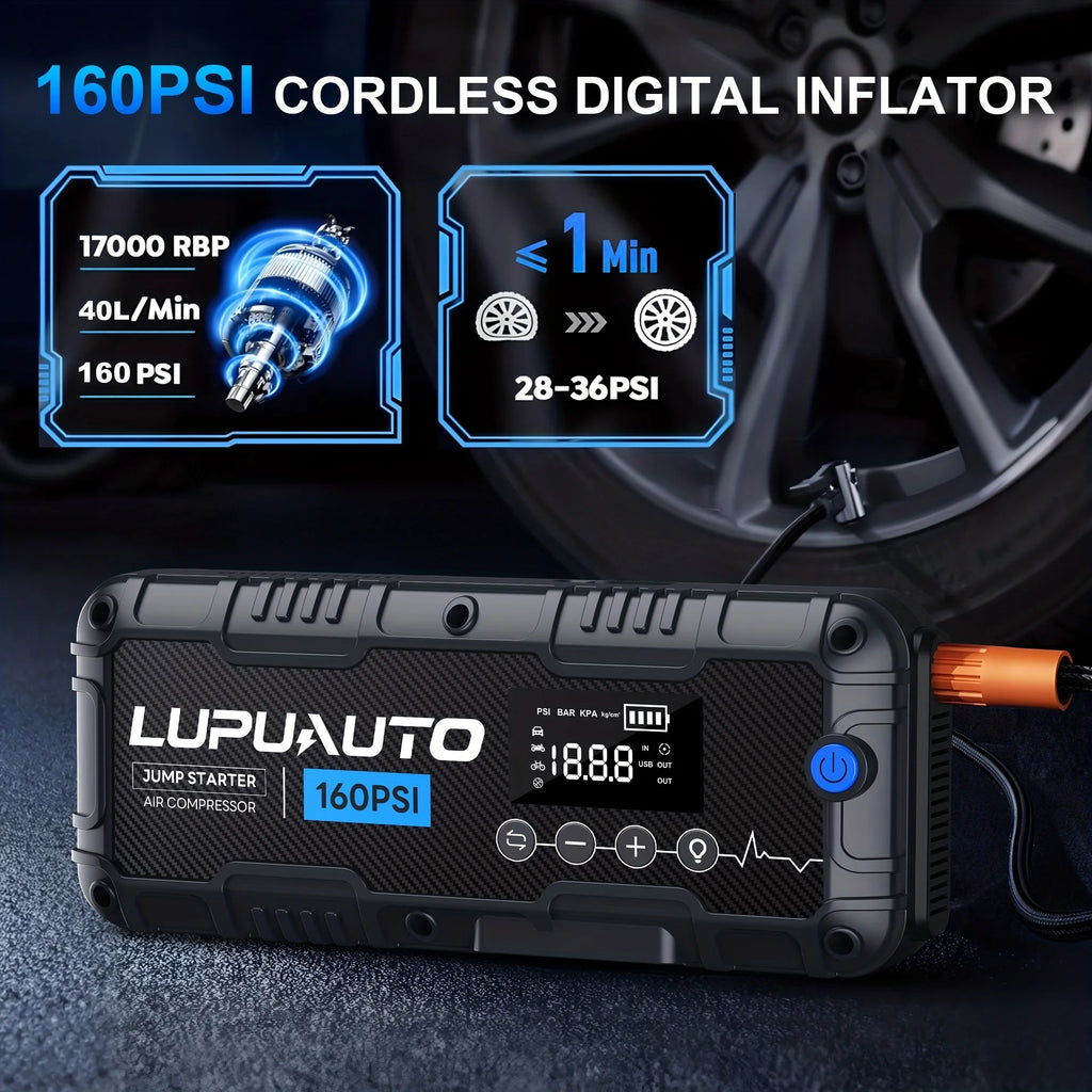 4 In 1 Car Jump Starter with LED Lighting 4000A Portable Car Battery Charger Power Bank Tire Inflator Pump 160PSI Air Compressor