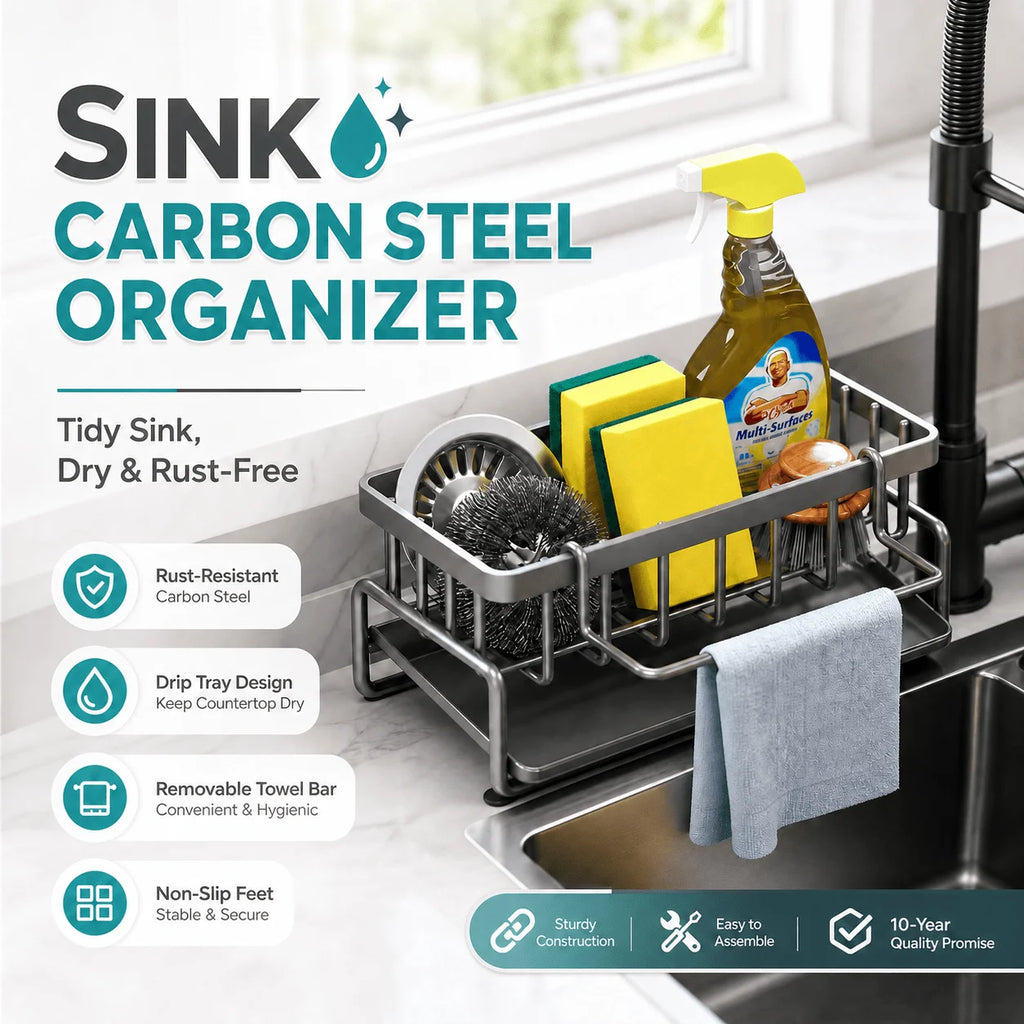 Kitchen Sink Organizer Carbon Steel with Tilted Water Tray Storage Rack for Sponge Brush 23×9×10cm