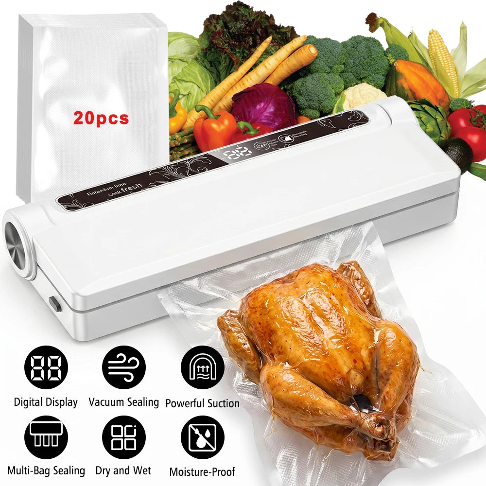 120W High Power Vacuum Sealer 95KPA Strong Suction Digital Countdown Dry & Wet Food Sealer Machine with 20pcs Bags for Home Refrigerator Sous Vide Cooking