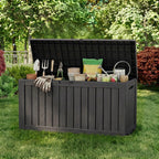 75 Gallon Black Outdoor Storage Box Waterproof Resin Deck Box with Wheels Lockable Patio Garden Storage Container for Cushions Tools Pool Supplies