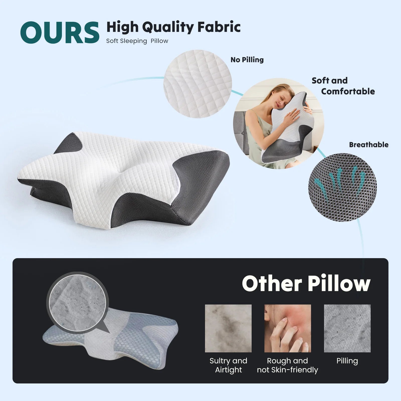 JHK Ergonomic 23.6" Largex13.8" Wide Cervical Neck Pillow Memory Foam Pillow with Cooling Pillowcase Cervical Contour Pillows