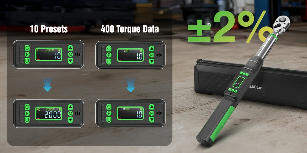 TaskStar 3/8-inch Digital Torque Wrench with 1/4"&1/2" Adapter, Bidirectional Ratchet Head, ±2% Accuracy Electronic Torque Wrench(0-162ft-lbs/0-220N.m), Handheld Wrench Kit For Bicycle/Car/Motorcycle Care, 5 Units of Measure