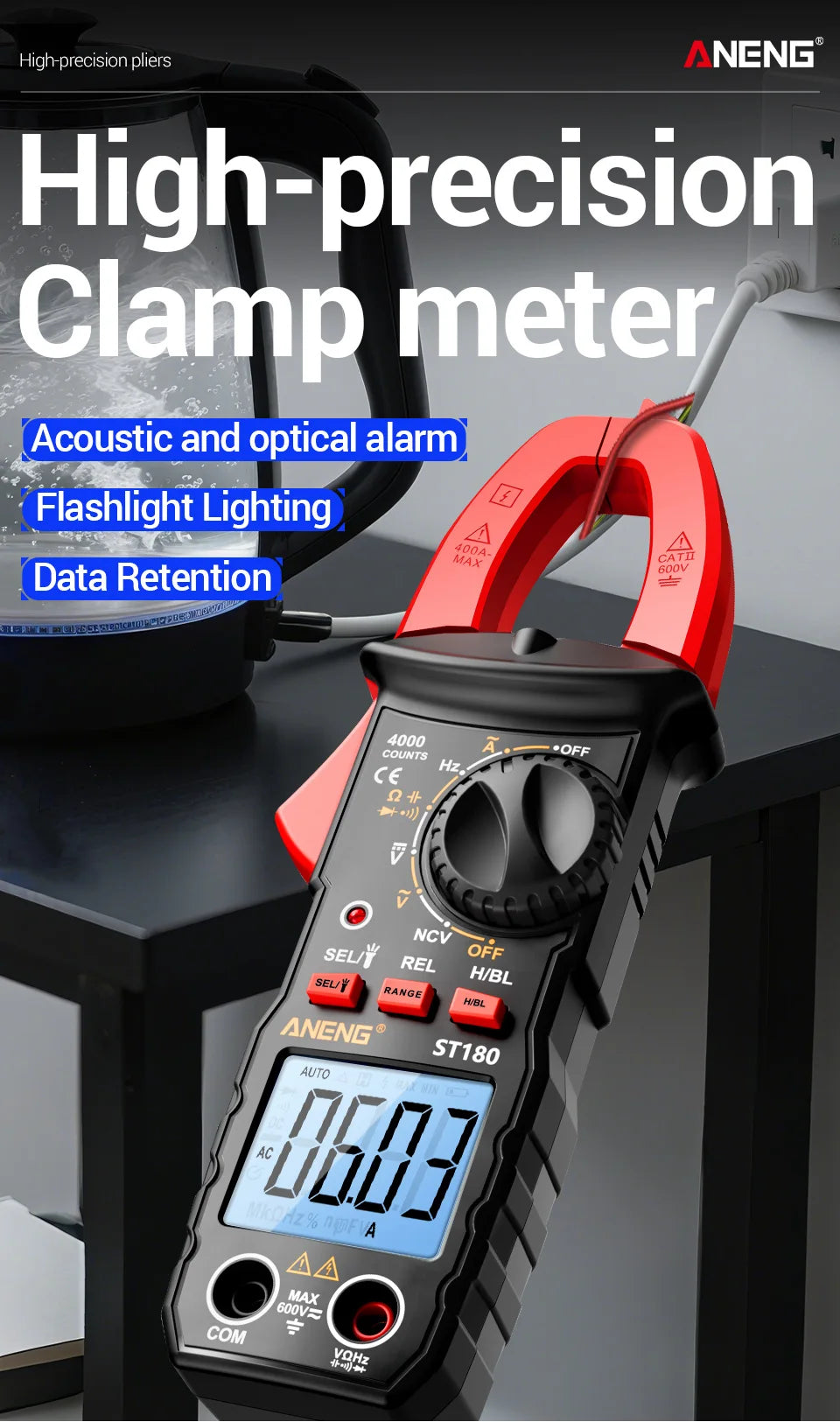 ANENG ST180 Digital Clamp Meter 4000 Counts Multimeter AC Current NCV Capacitance Resistance Frequency Tester Measurement Tool