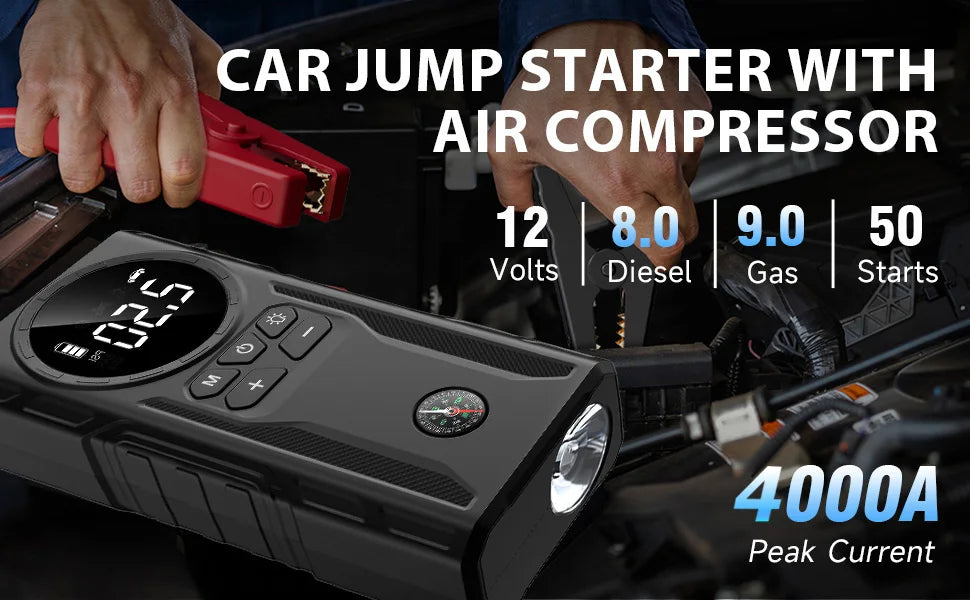 Jump Starter with Air Compressor, 4000A 150PSI Battery Jumper Starter Portable (9.0 Gas/8.0L Diesel)