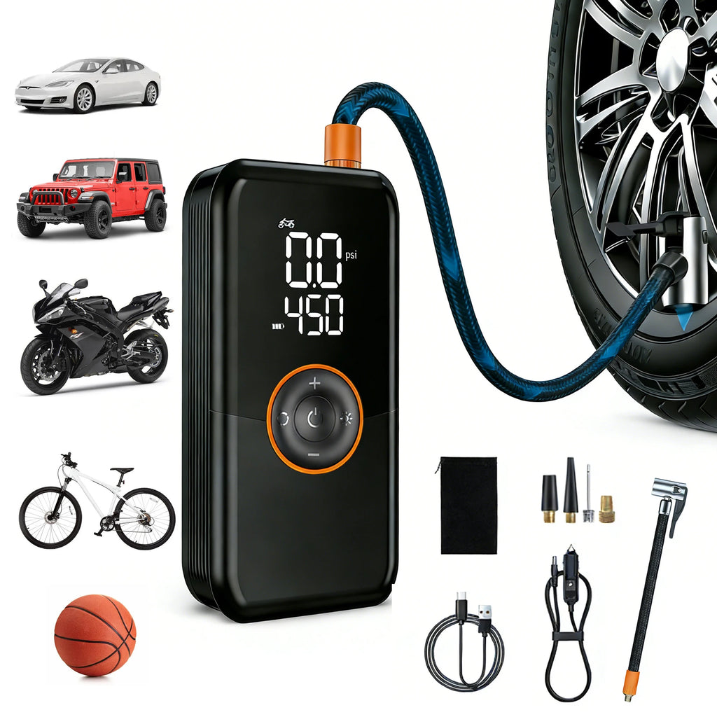 Portable Tire Inflator Air Compressor, 150 PSI Cordless 6000mAh Dual Power, 24L/Min Fast Inflation with Auto Shut-Off, LED Light, 4 Presets for Car/Bike/Motorcycle/Balls (12V DC Car Plug Included)
