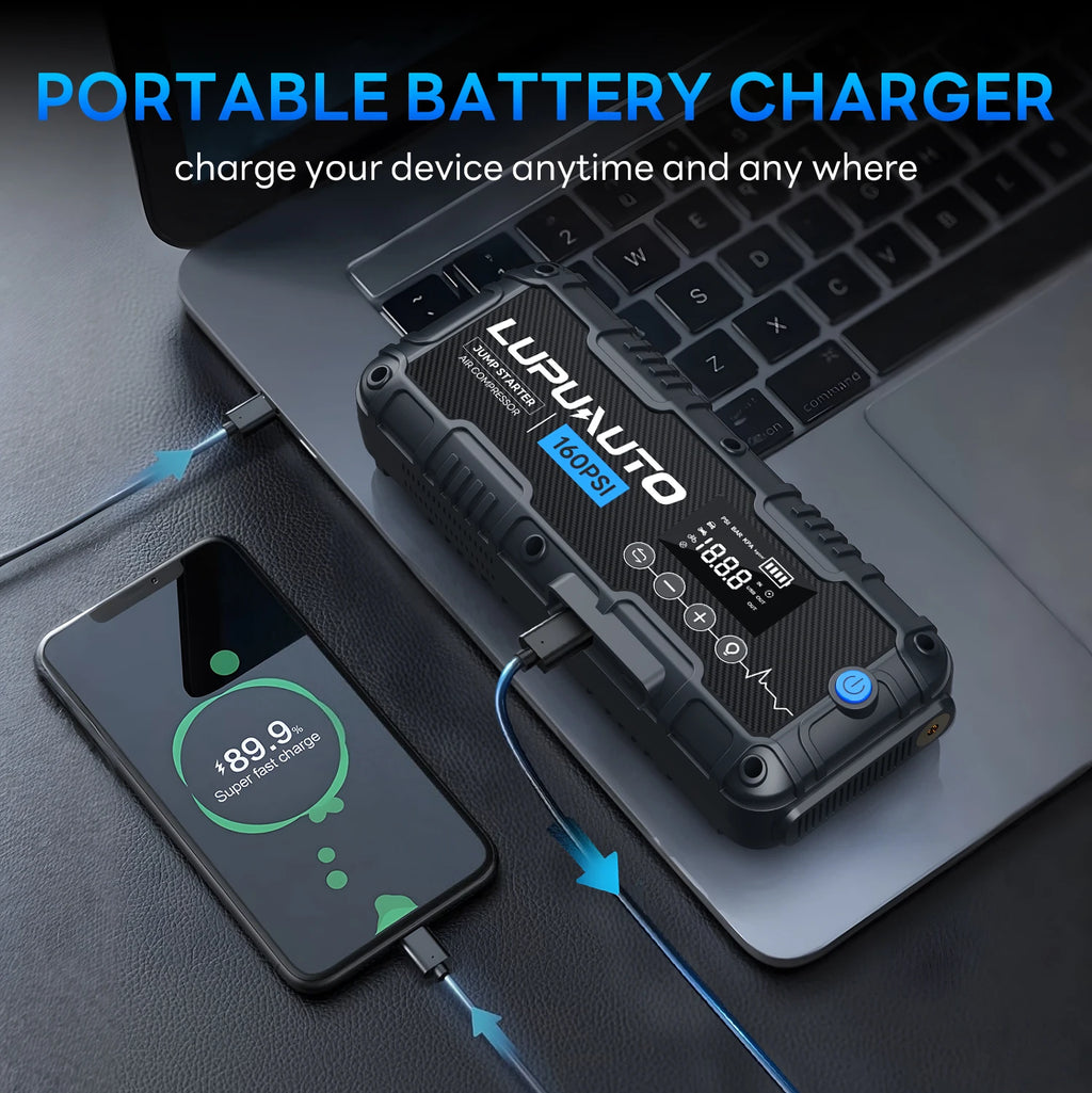 4 In 1 Car Jump Starter with LED Lighting 4000A Portable Car Battery Charger Power Bank Tire Inflator Pump 160PSI Air Compressor