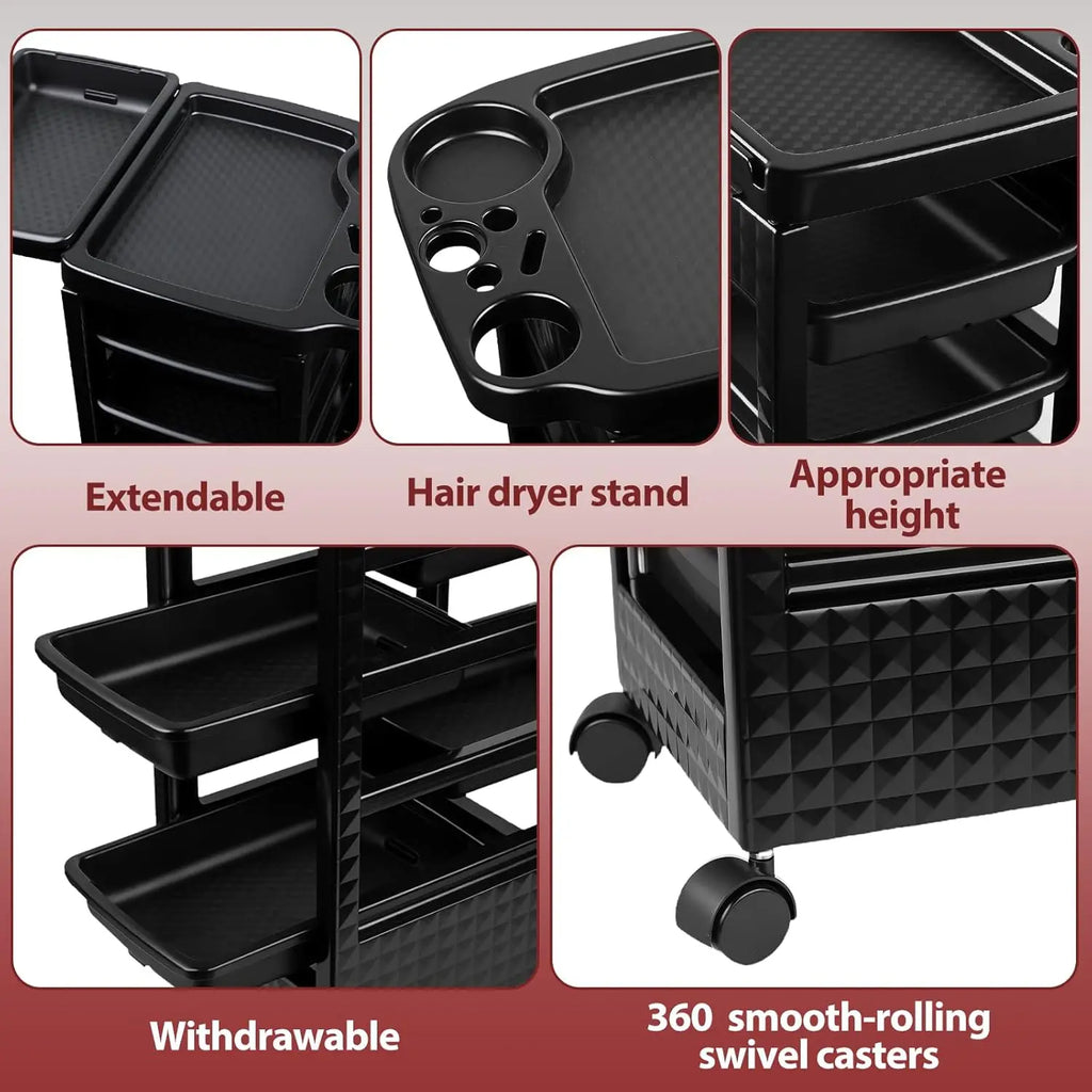 5-Tier Black Salon Hairdressing Rolling Cart with Wheels – Mobile Storage Trolley for Cosmetology, Makeup, Nail Supplies
