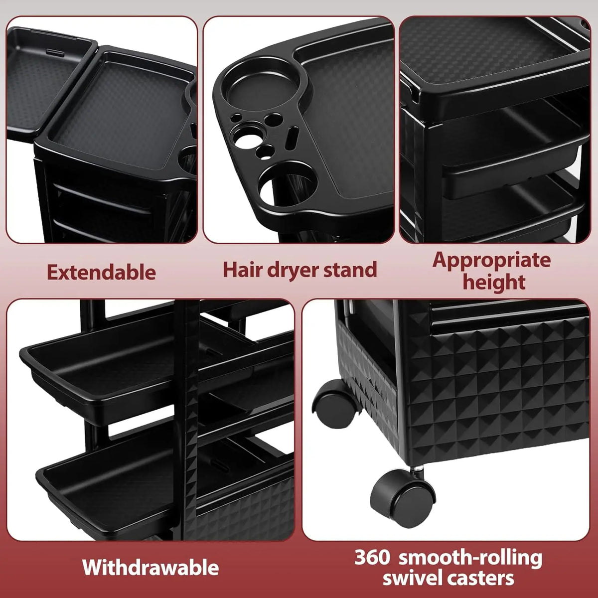 5-Tier Black Salon Hairdressing Rolling Cart with Wheels – Mobile Storage Trolley for Cosmetology, Makeup, Nail Supplies