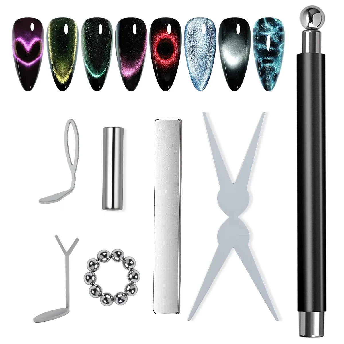 17Pcs Nail Art Nail Magnetic Stick Set Cat Eye Magnetic Ball Aluminum Handle Cylindrical UV Gel Magnet Tools Nail Design Tools