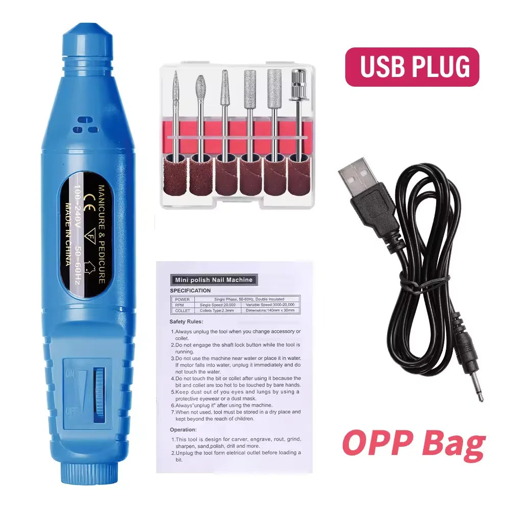6 In 1 Electric Nail Drill Set Portable Nail Grooming Tool Includes Drill Bits Power Cord Suitable for Nail Filing and Buffing