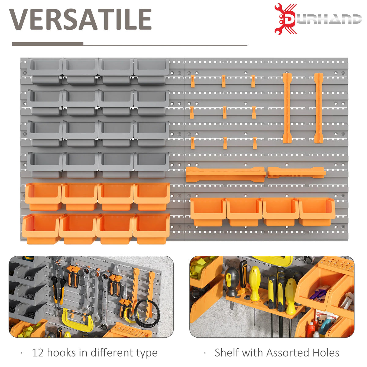 Durhand Wall Mounted Storage Bins, 44Pc Pegboard Tool Organizer Rack Kit Garage Plastic Shop Tool, Orange