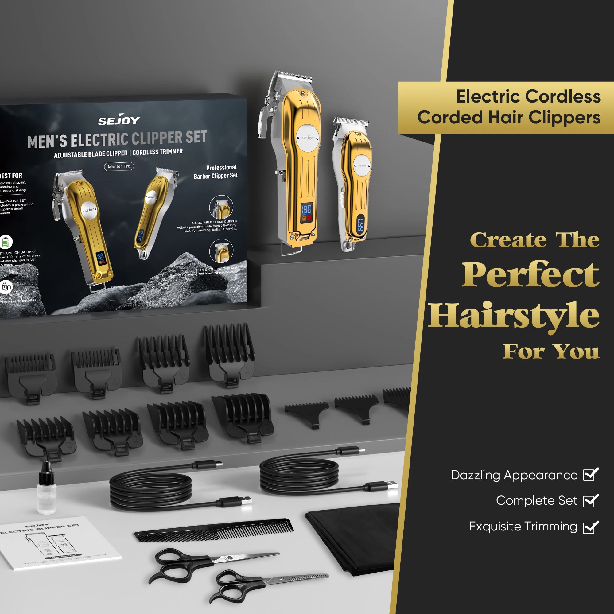 Sejoy Rechargeable Hair Clipper Combo Professional Electric Hair Trimmer Set Cordless Haircut Machine Kits for Barber