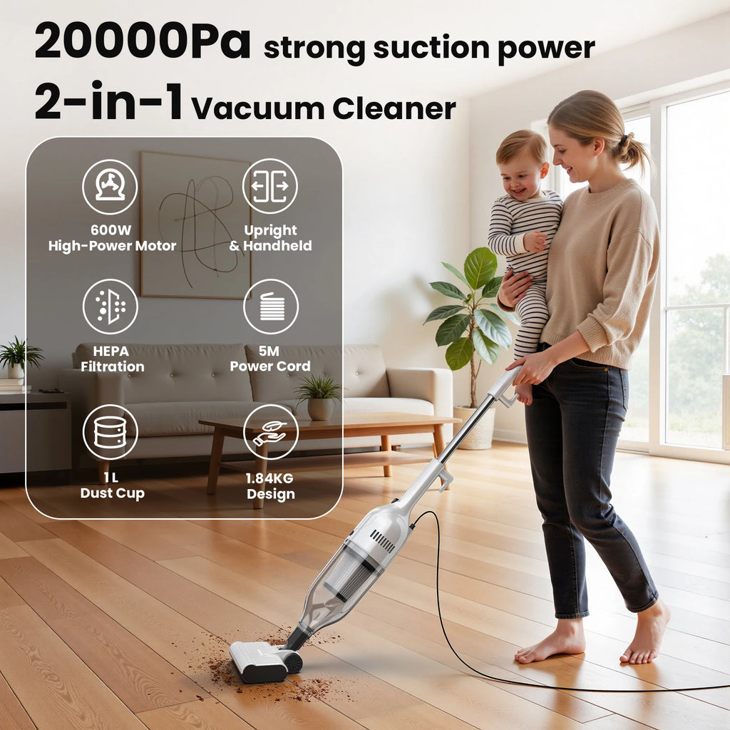 Vastorm R7 Corded Vacuum Cleaner 600W 20Kpa Powerful Suction Household Handheld Stick Vacuum Portable 3 in 1 Lightweight Cleaner 5M Long Cable Bagless Upright Vacuum for Hardwood Floor Carpet Pet Hair Cleaning