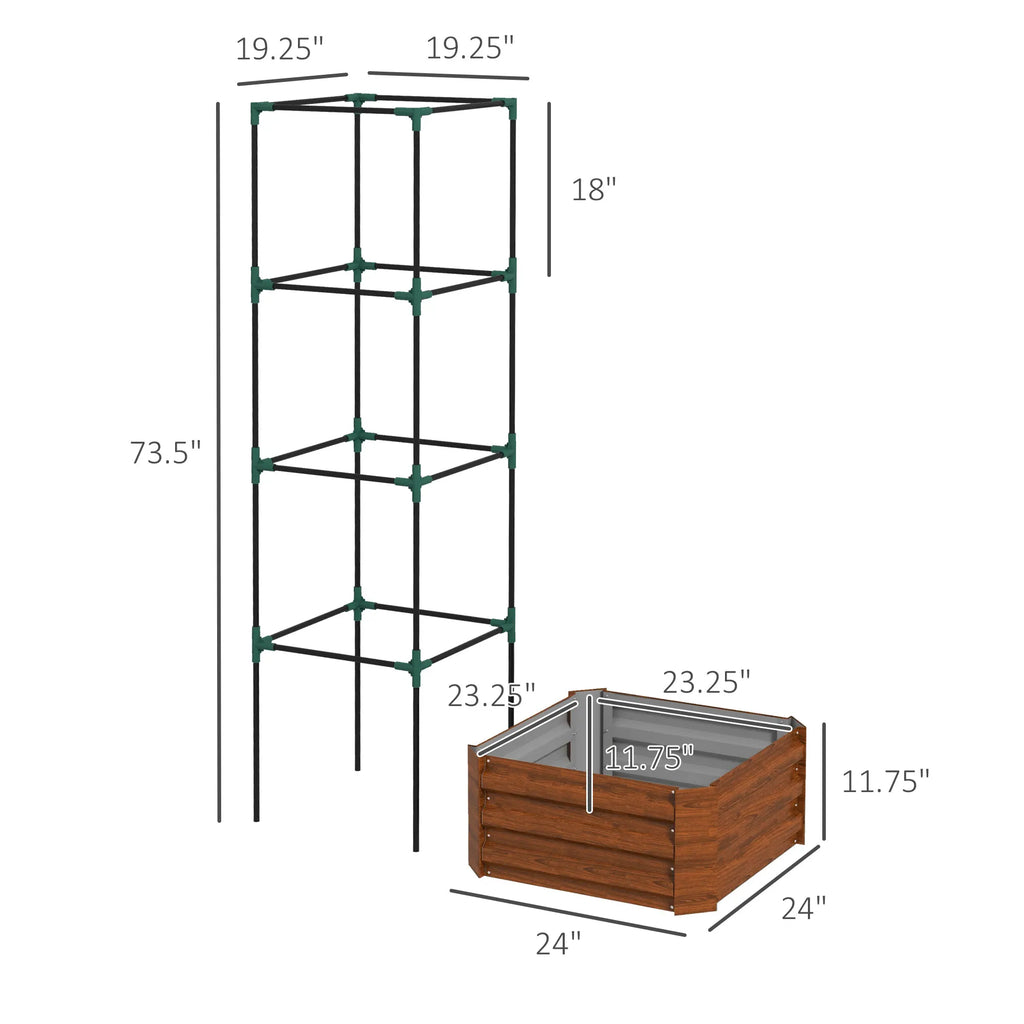 Galvanised Raised Garden Bed with Tomato Cage, Open Bottom, Brown
