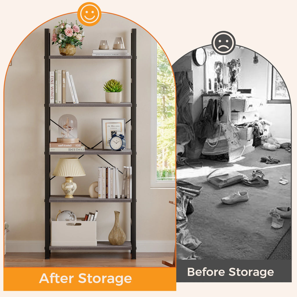 MCQ Wooden Storage Standing 5 Tiers Display Bookshelf Sturdy Structure Graduated Shelves Adjustable Feet for Living Room