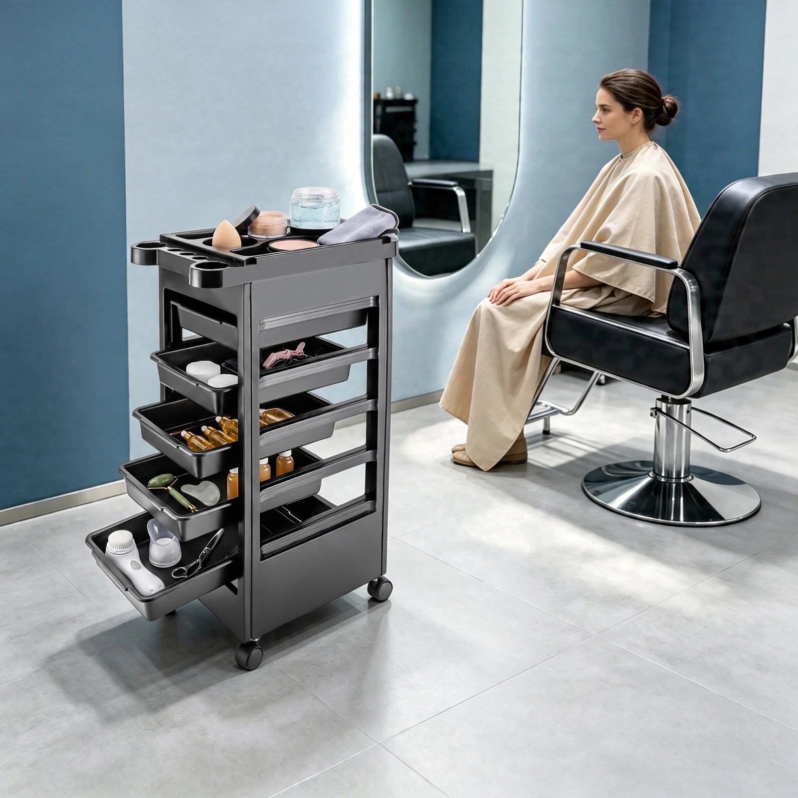 Salon Trolley Cart with Wheels and 5 Drawers, Multipurpose Beauty Cart, Hairdressing Rolling Cart for Barbershop Beauty Spa, Black