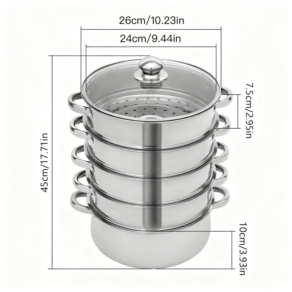 5-Tier Stainless Steel Steamer Cookware Cooking Pot Tier 4 Steaming Grids 1 Cooking Pot 28cm/30cm/26cm Steamer Pot