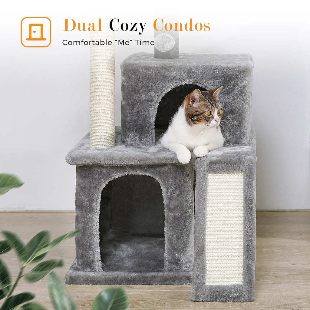 Cat Tree Multilevel Cat Tower with Double Condos, Spacious Perch, Fully Wrapped Scratching Sisal Post and Replaceable Balls