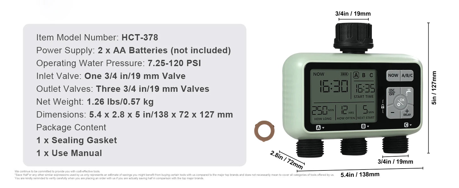 SucceBuy Water Timer 3 Outlets Hose 3 Independent Watering Zone LCD Display Rain Delay Mode Manual Mode Watering Sprinkler Timer