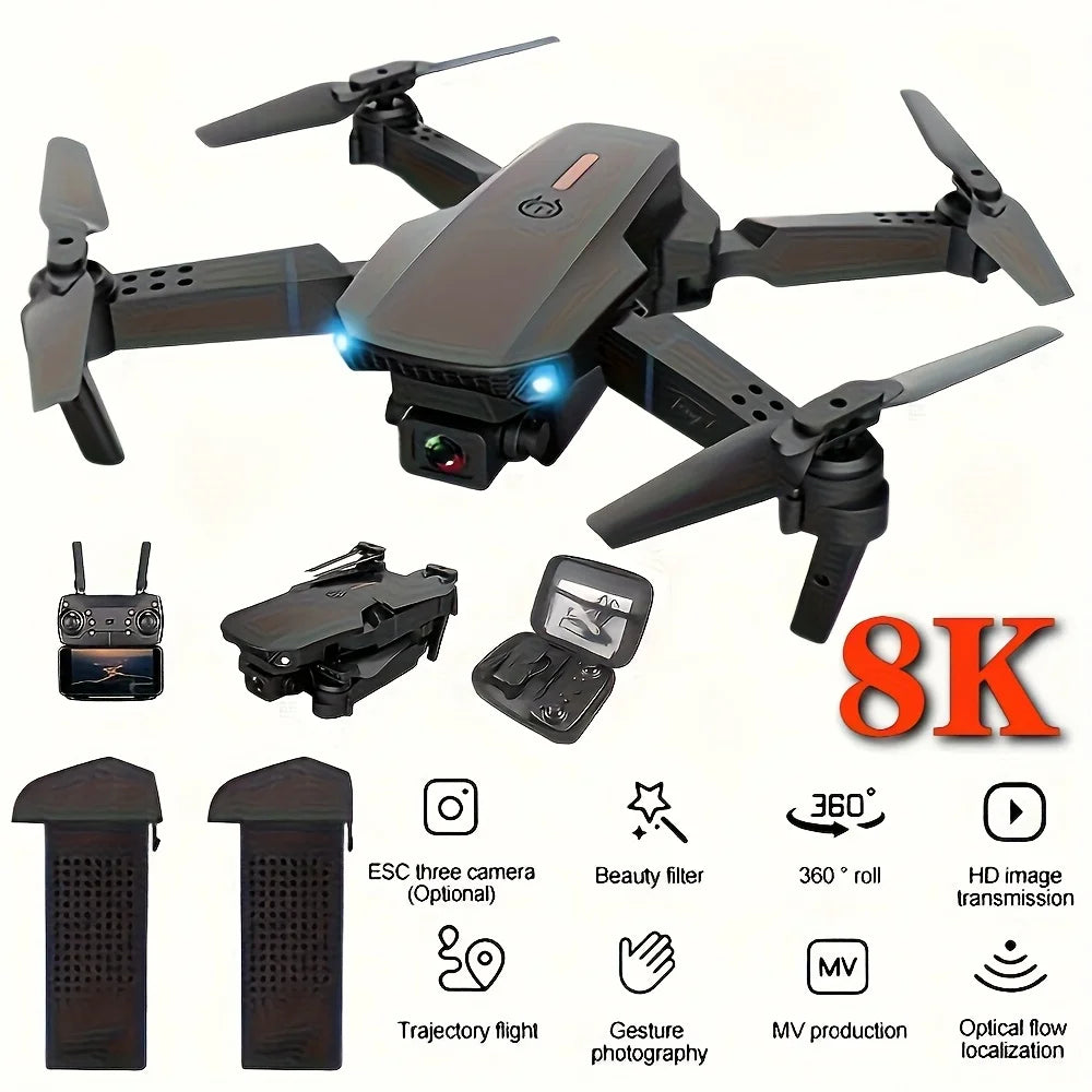 The 2026 upgraded E88 PRO MAX drone features dual 8K cameras, an on-screen remote control, two batteries, one-button return, foldability, USB charging, Wi-Fi, and flight gaming capabilities. Suitable for beginners, it makes a