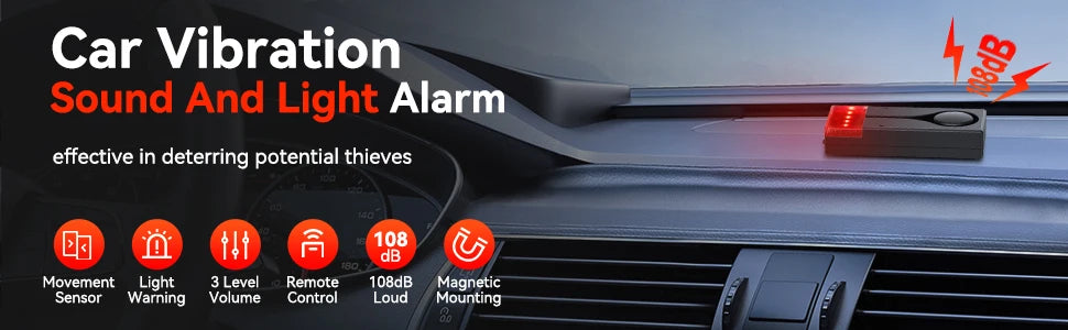 Wireless Car Vibration Burglar Alarm With Light 108dB Loud Car Door And Window Anti Theft Alarm Bike Motorcycle Security Alarm