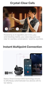 Baseus Bass BC1 Open Ear Earbuds Clip-On Headphones Open-Ring Comfort Clip Earphones SuperBass 4-Mic Clear Calls Sports Earbuds