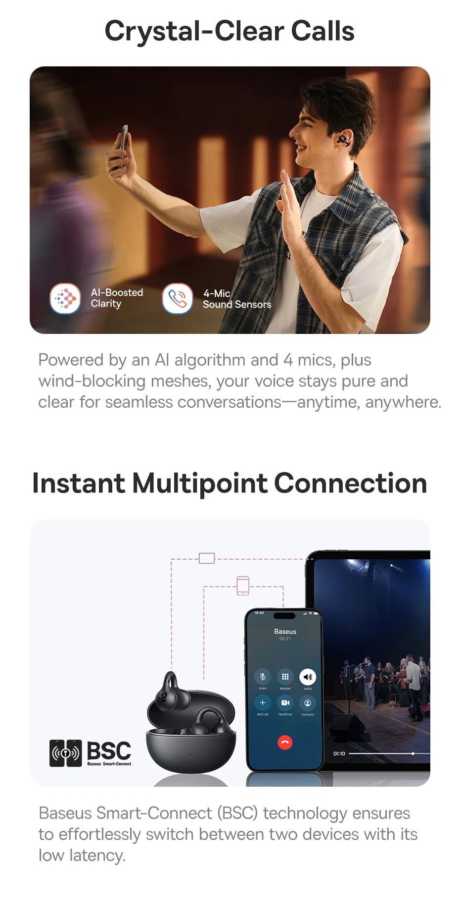 Baseus Bass BC1 Open Ear Earbuds Clip-On Headphones Open-Ring Comfort Clip Earphones SuperBass 4-Mic Clear Calls Sports Earbuds