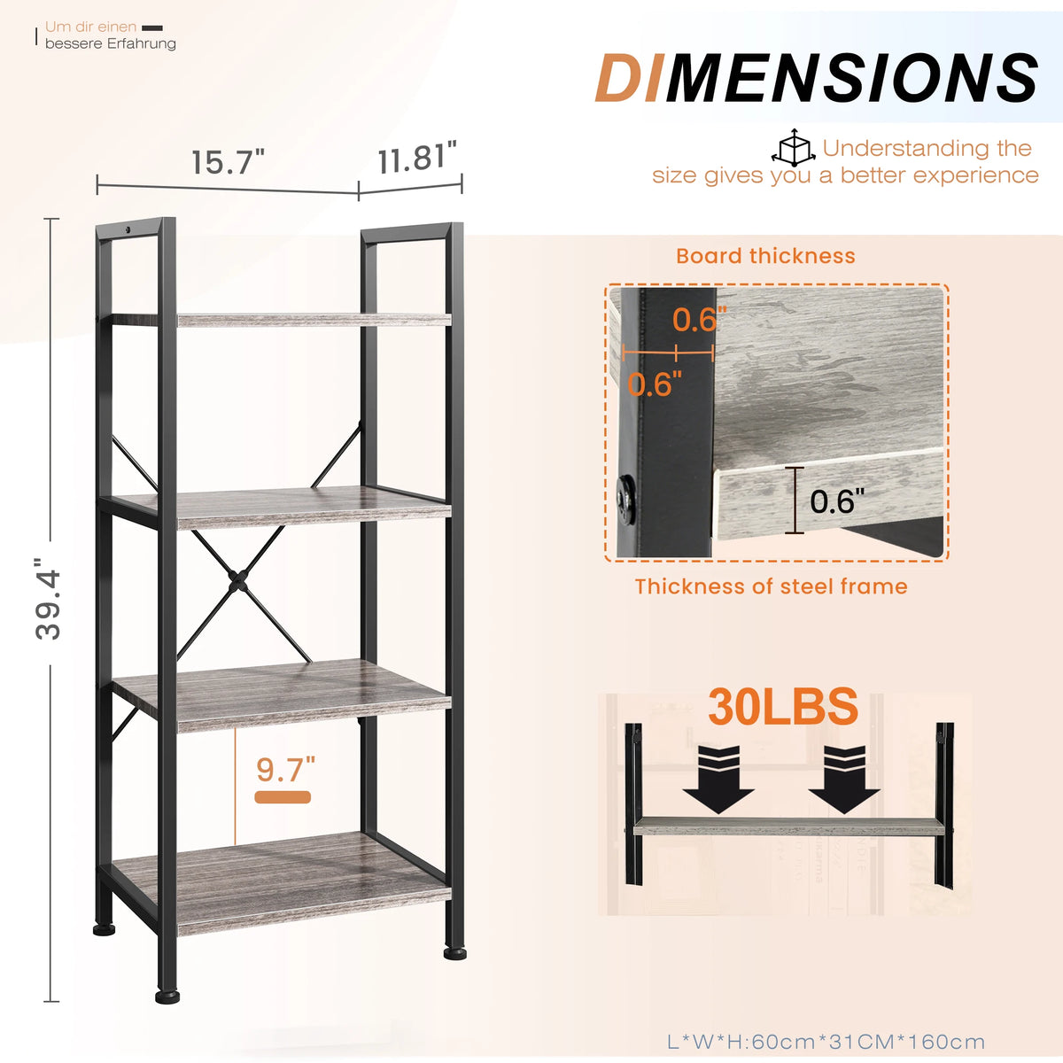 MCQ 4Tiers Metal Classic Bookshelf Freestanding Tall Display Shelf Wooden Storage Tall Display Shelves Bookshelf Sturdy Structure Graduated Shelves Adjustable Feet for Home