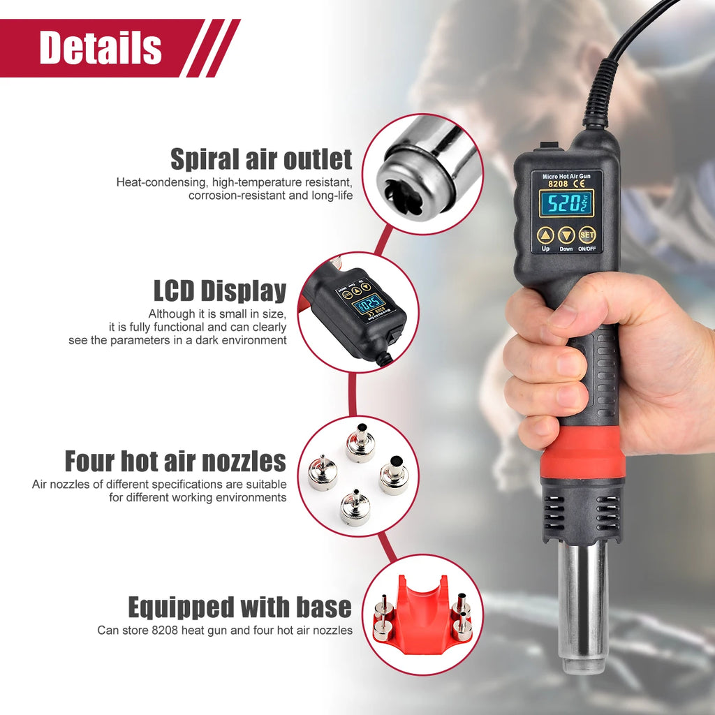 JCD 750W Micro Heat Gun Rework Soldering Air Station LCD Digital Hair Dryer 220V 110V For BGA SMD Hot Air Soldering Tools 8208