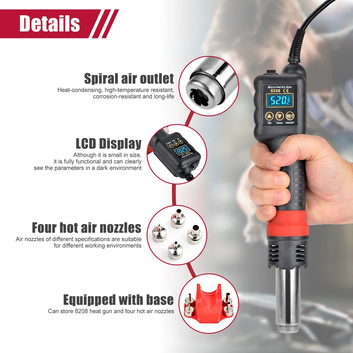 JCD 750W Micro Heat Gun Rework Soldering Air Station LCD Digital Hair Dryer 220V 110V For BGA SMD Hot Air Soldering Tools 8208