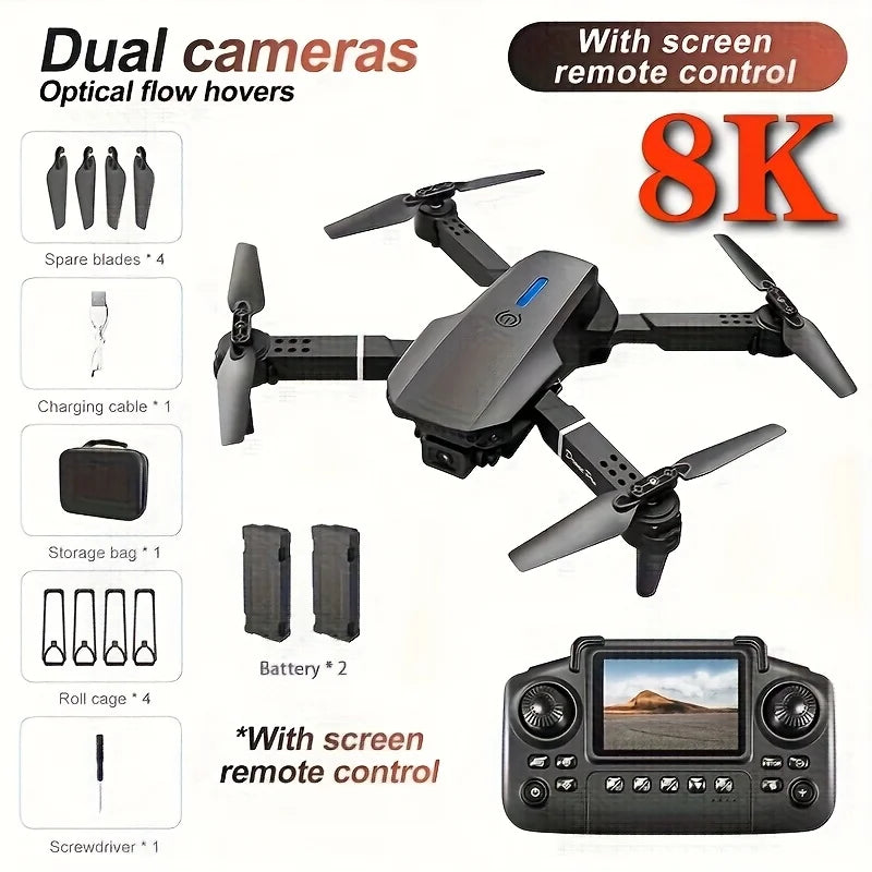The 2026 upgraded E88 PRO MAX drone features dual 8K cameras, an on-screen remote control, two batteries, one-button return, foldability, USB charging, Wi-Fi, and flight gaming capabilities. Suitable for beginners, it makes a