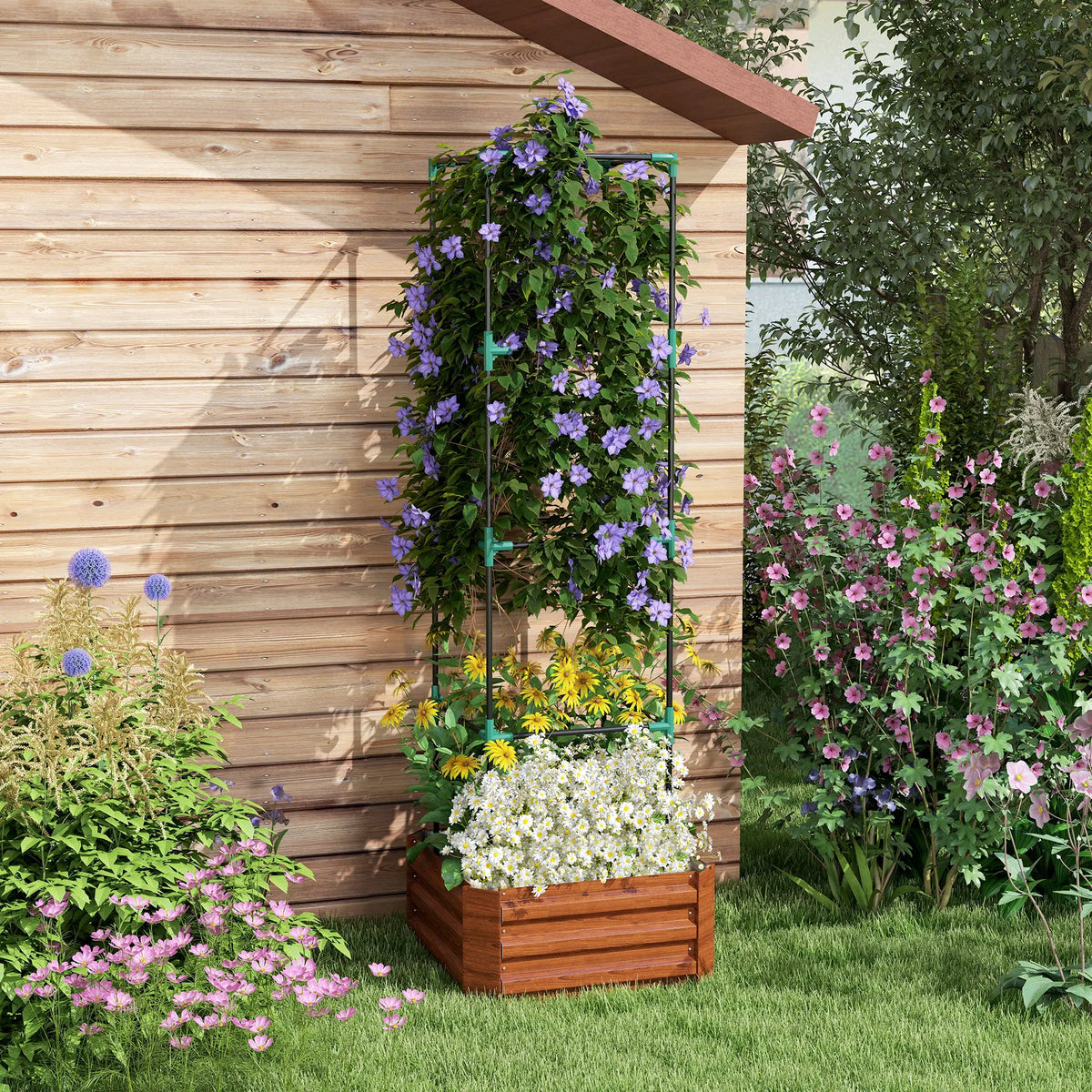 Galvanised Raised Garden Bed with Tomato Cage, Open Bottom, Brown