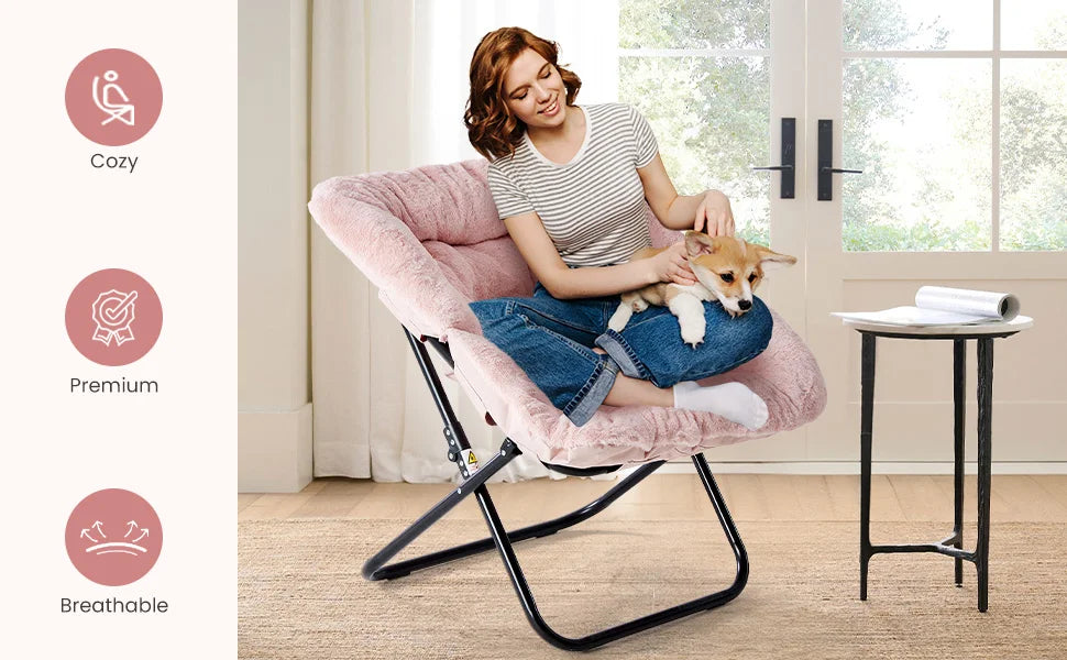 JHK 28IN Cozy Saucer Chairs Soft Faux Fur Large Size Folding Lounge Living Room Padded Seat Metal Frame Reading Chair Furniture