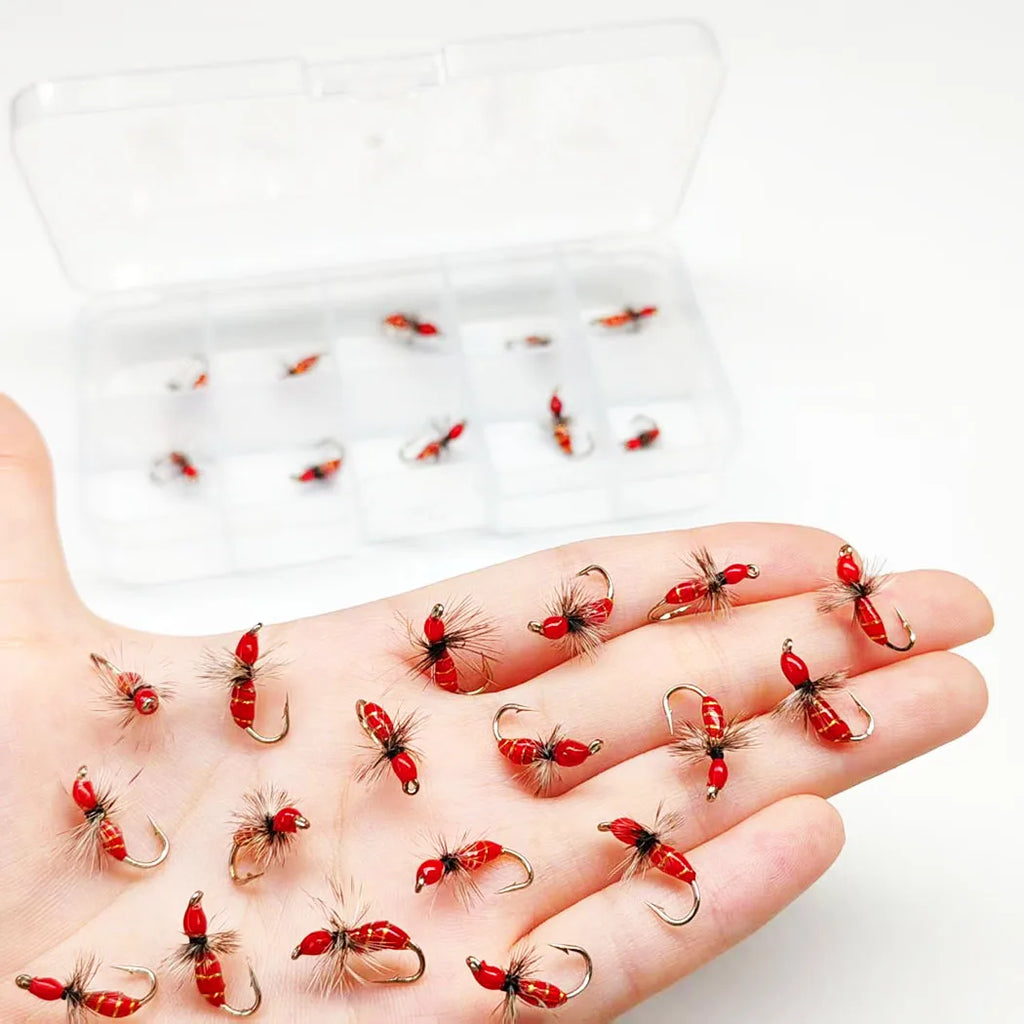 10Pcs-Dry Flies Artificial Bait Fly Fishing Flies Red Griffith Ant Nymph Bait for Trout/carp Fishing Artificial (with Flies Box)