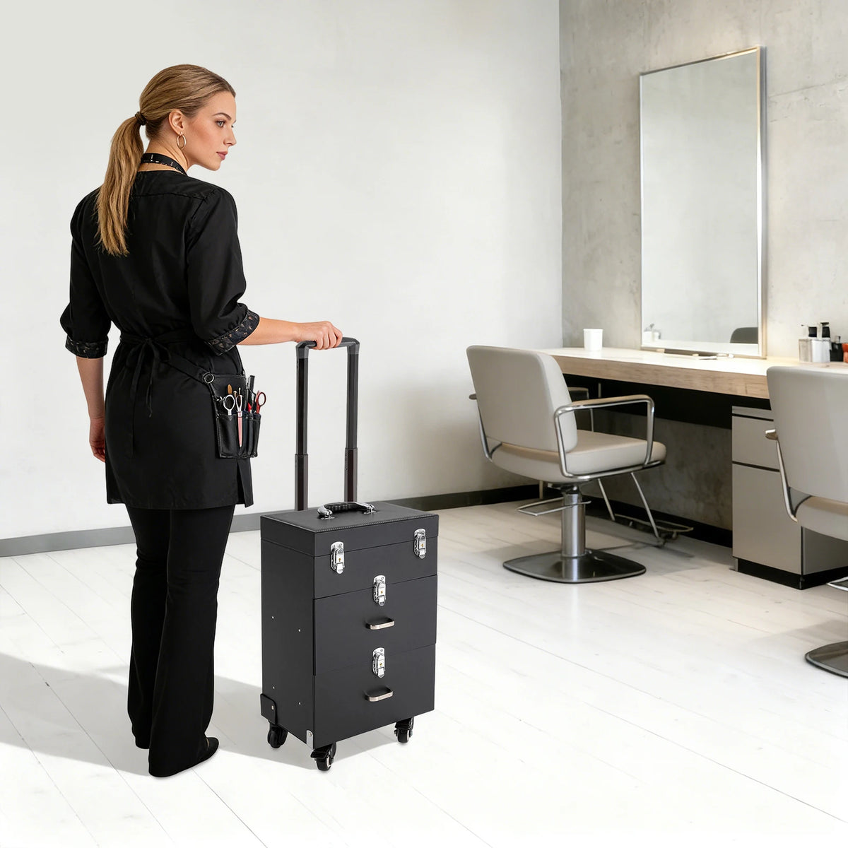 Rolling Makeup Train Case with Wheels, Professional Cosmetic Trolley Lockable Storage, 3-Layer Large Capacity Travel Organizer
