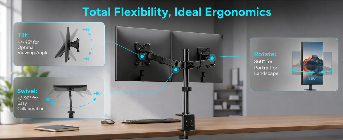 Dual Monitor Stand, Heavy Duty Adjustable Monitor Desk Mount for 2 Screens up to 32 Inches, Fully Adjustable Height, Tilt, Swivel, Rotate, Supports 17.6 lbs per Monitor Arm, Easy Installation