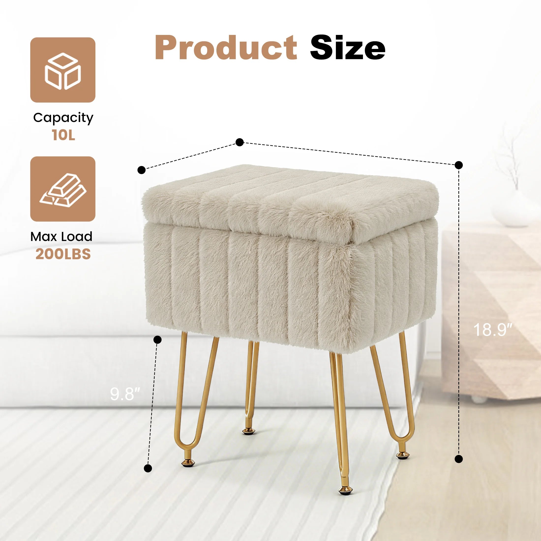 JHK Ottoman Faux Fur Vanity Stool Chair with Storage Padded Makeup with 4 Metal Legs Anti-Slip Adjustable Feet Living Room Hidden Storage Stools for Home Entryway