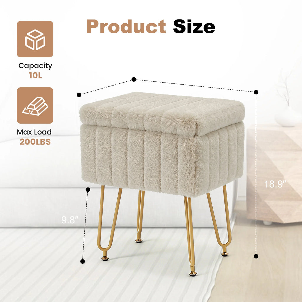 JHK Ottoman Faux Fur Vanity Stool Chair with Storage Padded Makeup with 4 Metal Legs Anti-Slip Adjustable Feet Living Room Hidden Storage Stools for Home Entryway