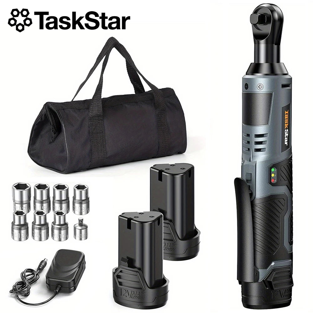 TaskStar Cordless Ratchet Wrench Kit 3/8-inch Ratchet 40N.m(max) Electric Power Angle Wrench with Variable Speed Trigger 0-200 RPM, Handheld Car Disassembly Tool with 2 Packs 2000mAh Lithium-Ion Battery&1 Charger&7 Sockets