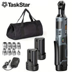 TaskStar Cordless Ratchet Wrench Kit 3/8-inch Ratchet 40N.m(max) Electric Power Angle Wrench with Variable Speed Trigger 0-200 RPM, Handheld Car Disassembly Tool with 2 Packs 2000mAh Lithium-Ion Battery&1 Charger&7 Sockets