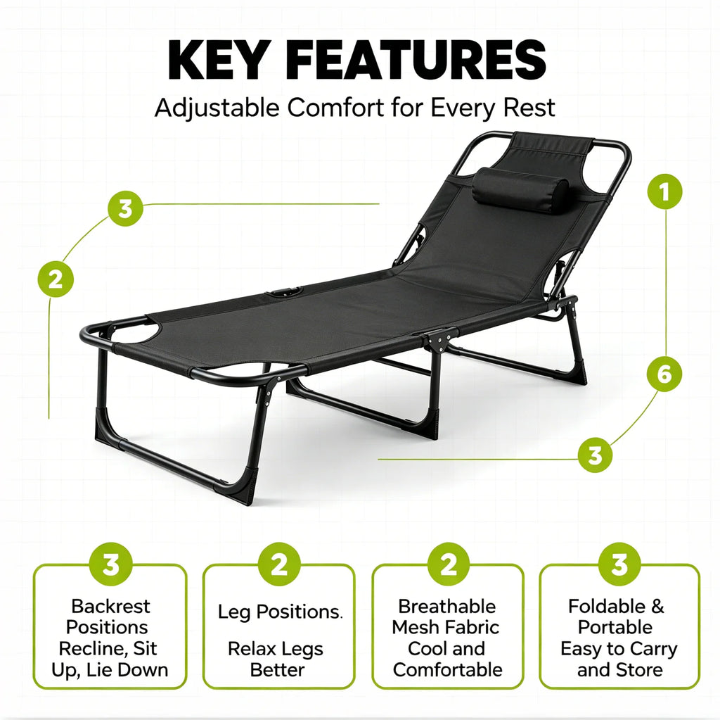 56cm Adjustable Folding Camping Lounge Chair with Removable Soft Cushion, 3 Position Reclining Portable Beach Tanning Chair, Heavy Duty 330 LBS Fold Up Outdoor Chaise Lounge for Pool Patio Office Napping Indoor & Backyard