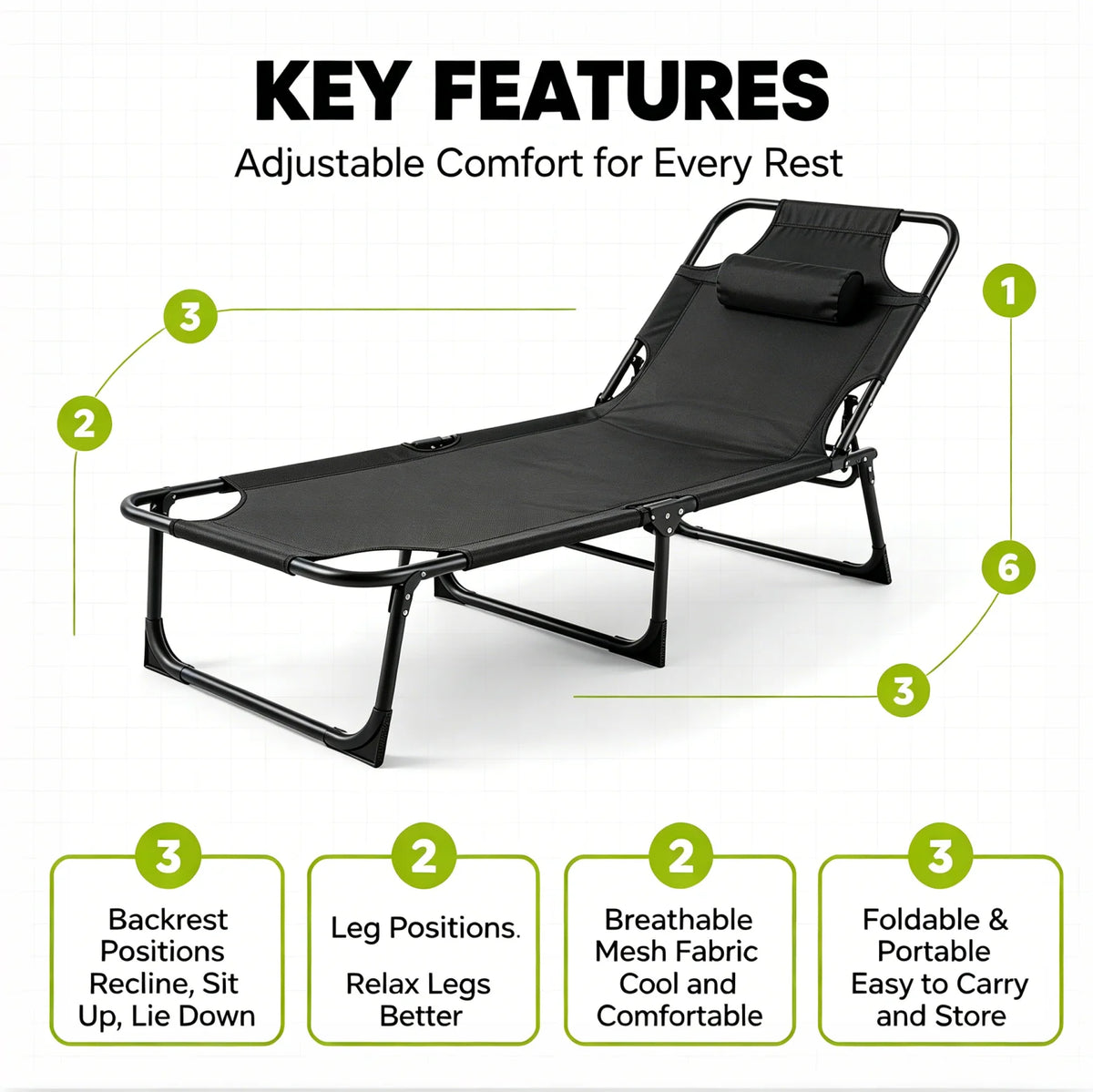 56cm Adjustable Folding Camping Lounge Chair with Removable Soft Cushion, 3 Position Reclining Portable Beach Tanning Chair, Heavy Duty 330 LBS Fold Up Outdoor Chaise Lounge for Pool Patio Office Napping Indoor & Backyard