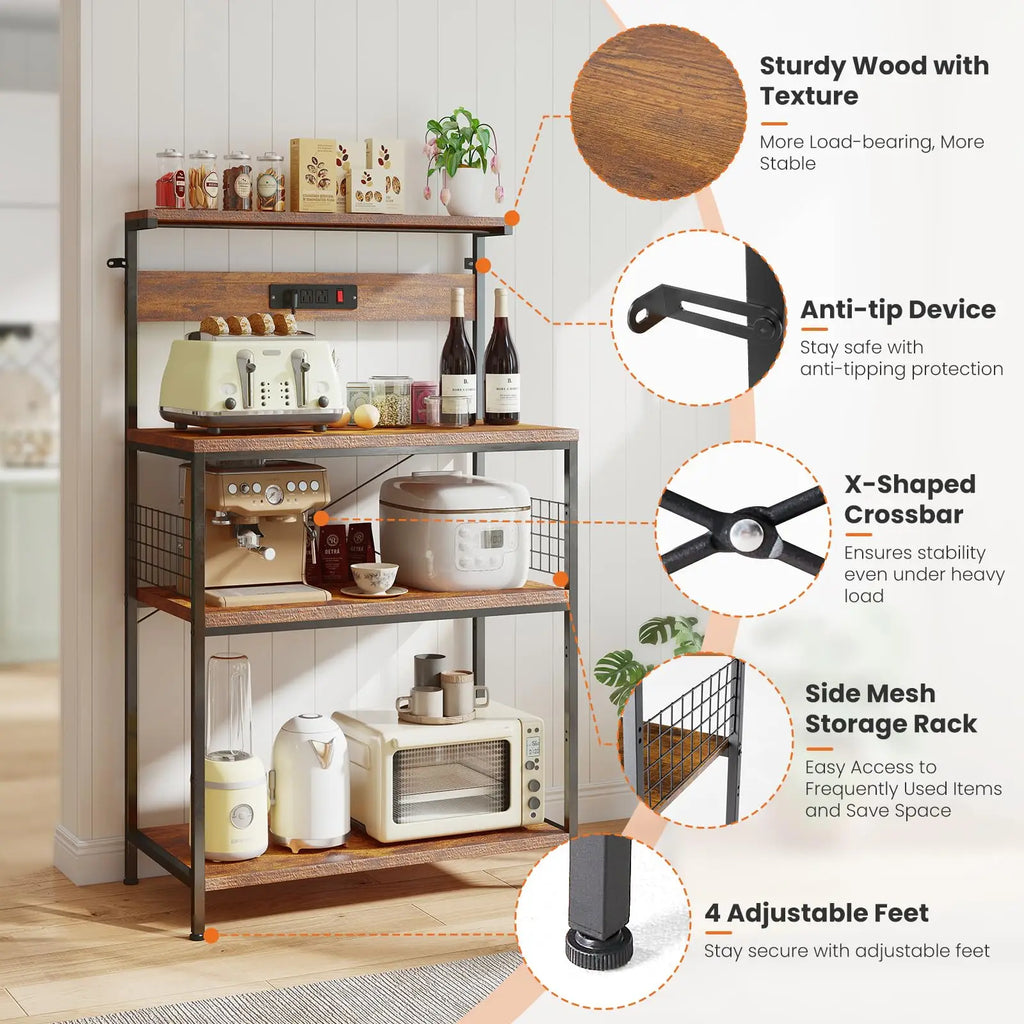 JHK 31.5 Inch Kitchen Bakers Rack with Power Outlet Coffee Bar Table 4 Tiers Microwave Oven Stand Adjustable Storage Shelf