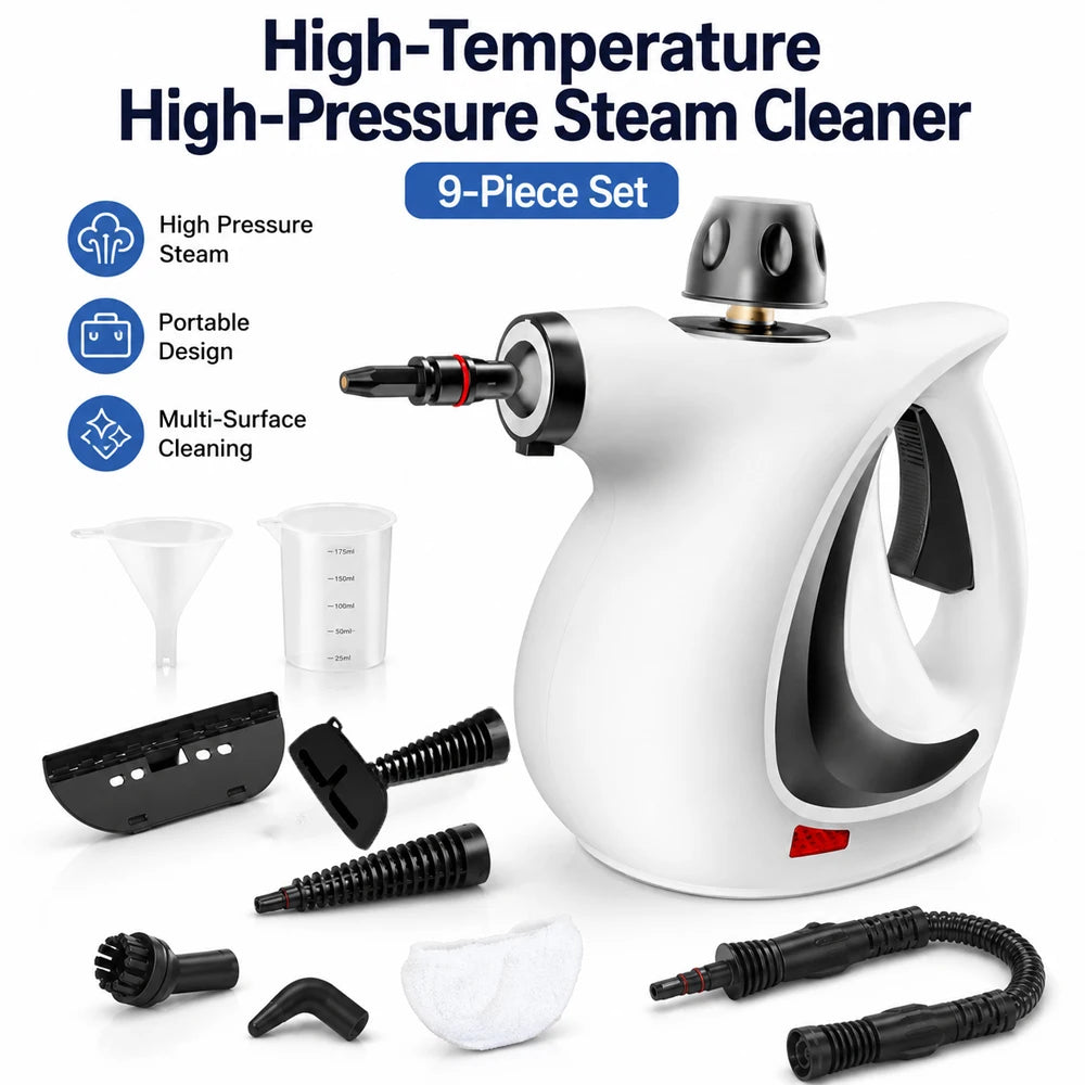 High Temperature Handheld Steam Cleaner 9 Piece Set, 350ML Portable Steamer For Kitchen Bathroom Car Tile And Grout Cleaning