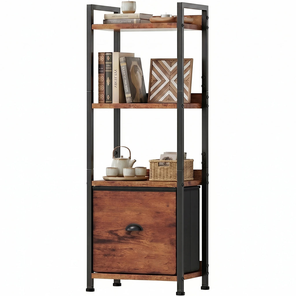 MCQ 4 Tiers Metal Classic Bookshelf with Fabric Drawer Freestanding Tall Display Shelf Storage Shelves Bookshelf Sturdy Structure Graduated Shelves for Home