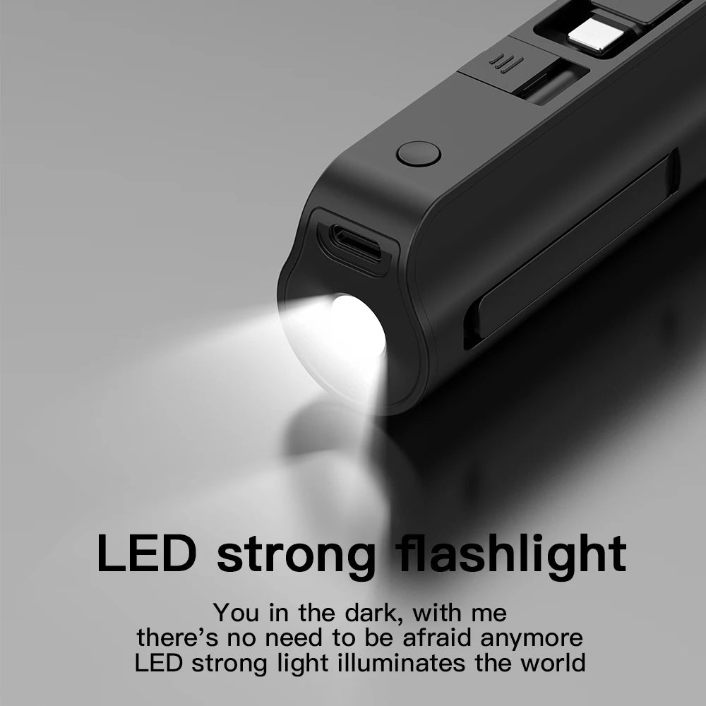 Mini portable 5000mAh power bank with built-in cable charging port, built-in LED lighting lamp, and built-in stand function