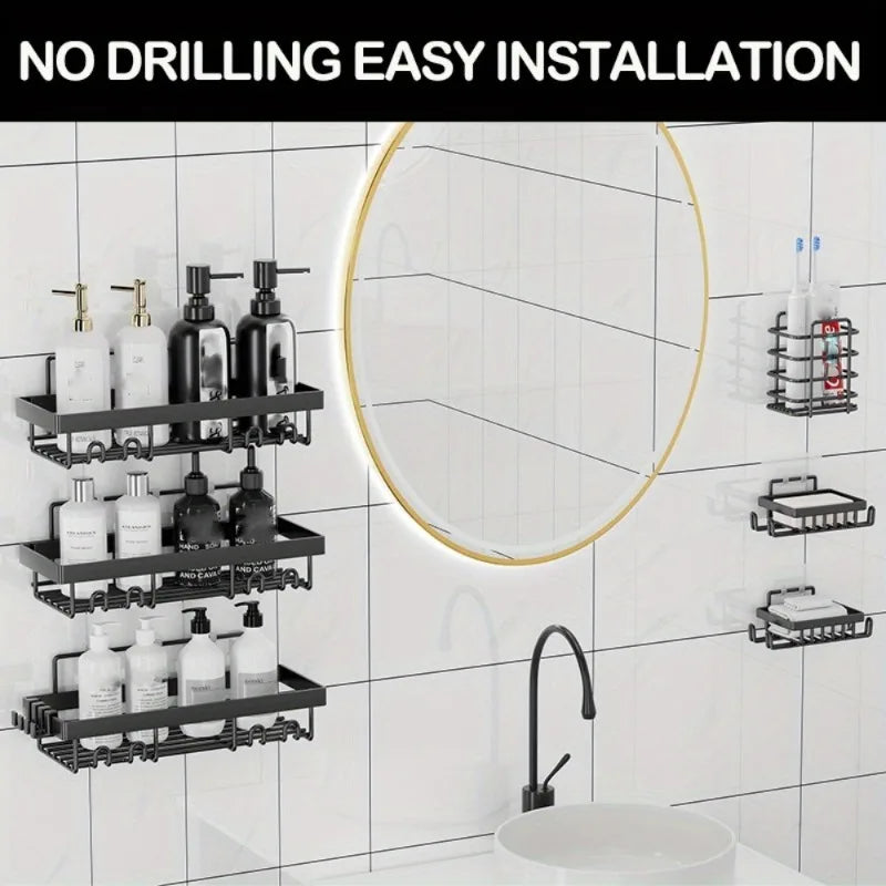 6 Pack Shower Caddy Shelf Organizer Rack, Self Adhesive Black Bathroom Shelves Basket, Bathroom Accessory Decor Set, No Drilling