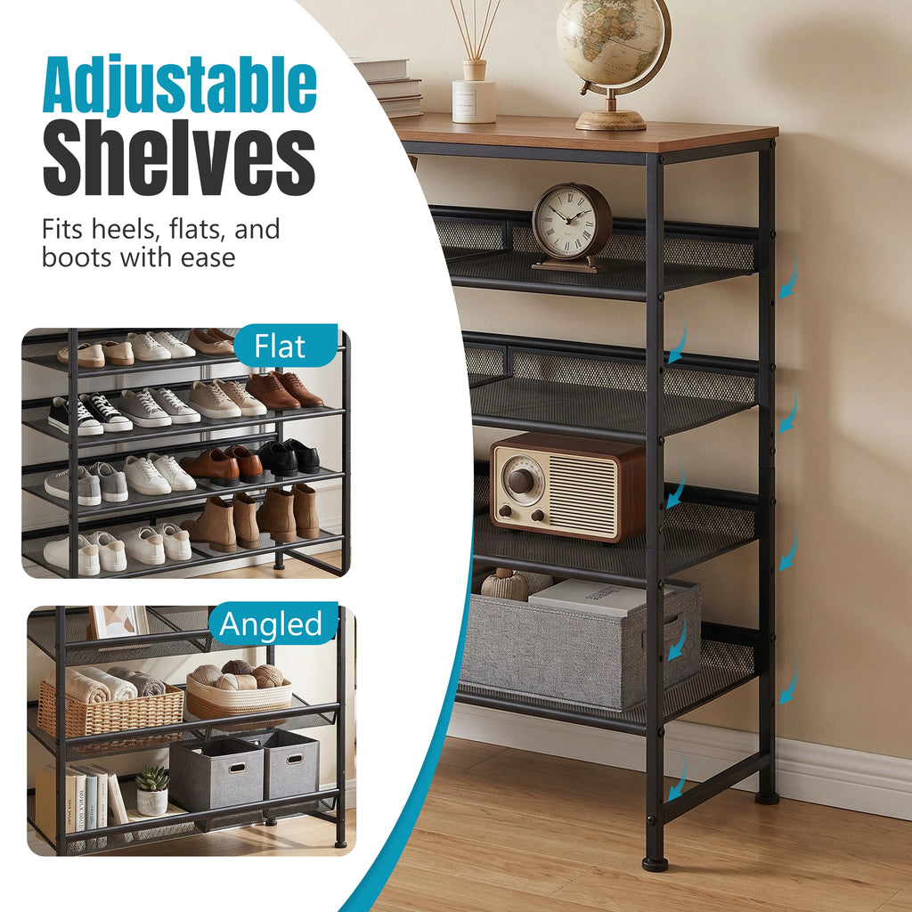 JHK 5-Tier Metal Shoe Storage Cabinet Free Standing Storage Organizer Holds 16-20 Pairs for Closet Shoe Storage Shelf with Adjustable Mesh Shelves and Wooden Top for Space Saving Cabinet Home