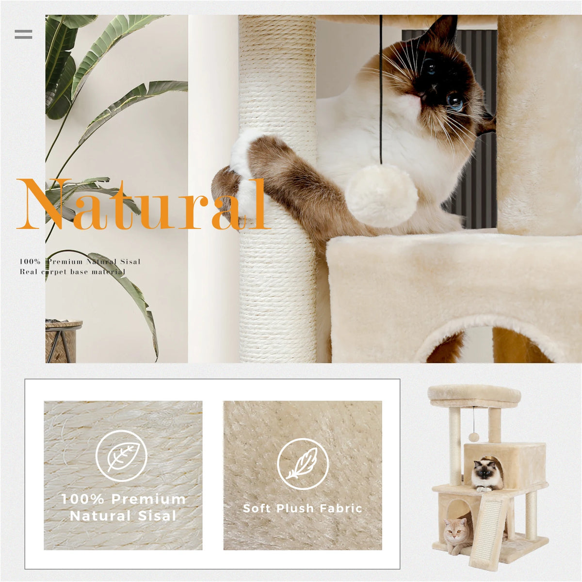 Cat Tree Multilevel Cat Tower with Double Condos, Spacious Perch, Fully Wrapped Scratching Sisal Post and Replaceable Balls